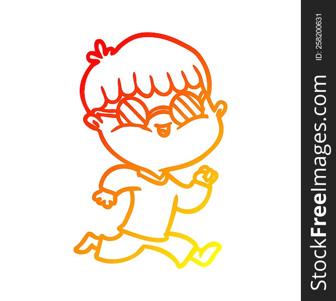 warm gradient line drawing cartoon boy wearing sunglasses and running