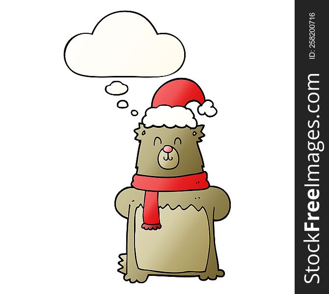 Cartoon Bear Wearing Christmas Hat And Thought Bubble In Smooth Gradient Style