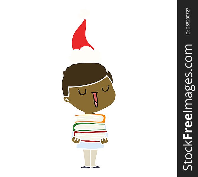 flat color illustration of a happy boy with stack of books wearing santa hat