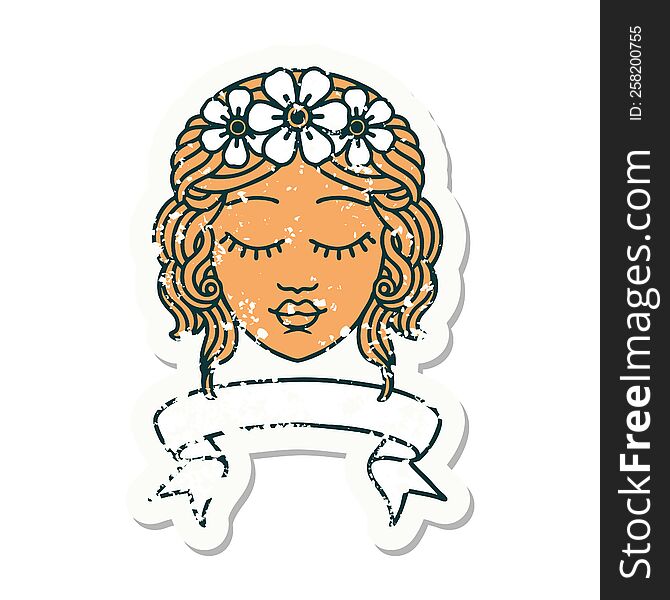 Grunge Sticker With Banner Of Female Face With Eyes Closed