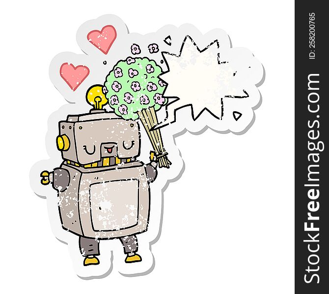 cartoon robot in love with speech bubble distressed distressed old sticker. cartoon robot in love with speech bubble distressed distressed old sticker