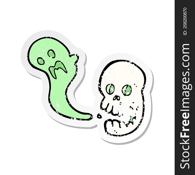 retro distressed sticker of a cartoon spooky skull