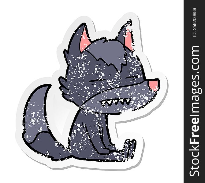 distressed sticker of a cartoon sitting  wolf showing teeth