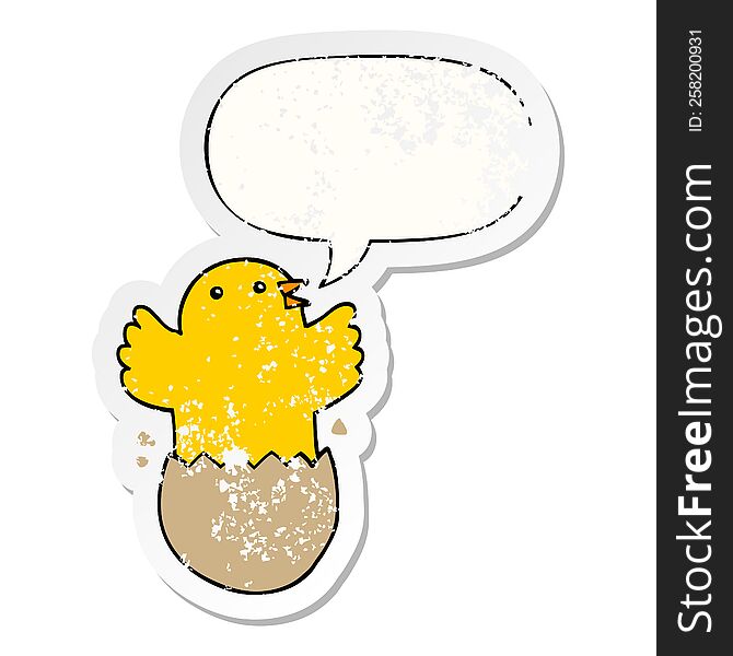 cartoon hatching bird with speech bubble distressed distressed old sticker. cartoon hatching bird with speech bubble distressed distressed old sticker