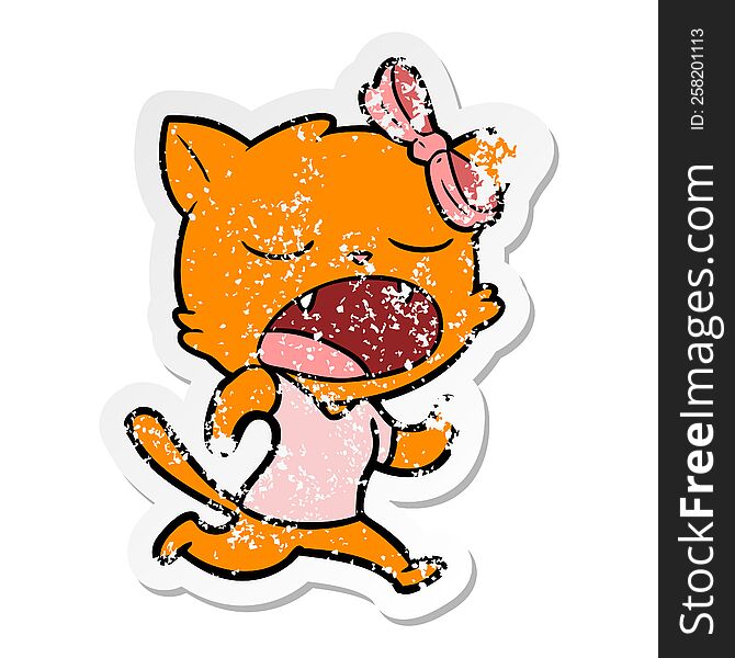 distressed sticker of a cartoon yawning cat