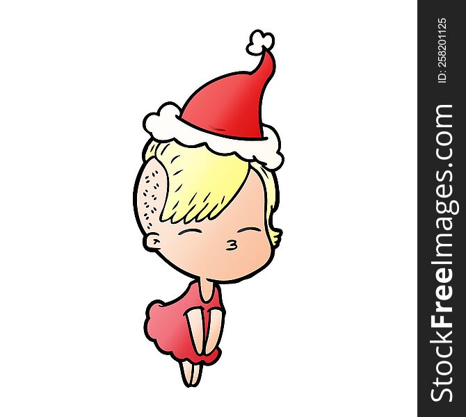 hand drawn gradient cartoon of a squinting girl in dress wearing santa hat