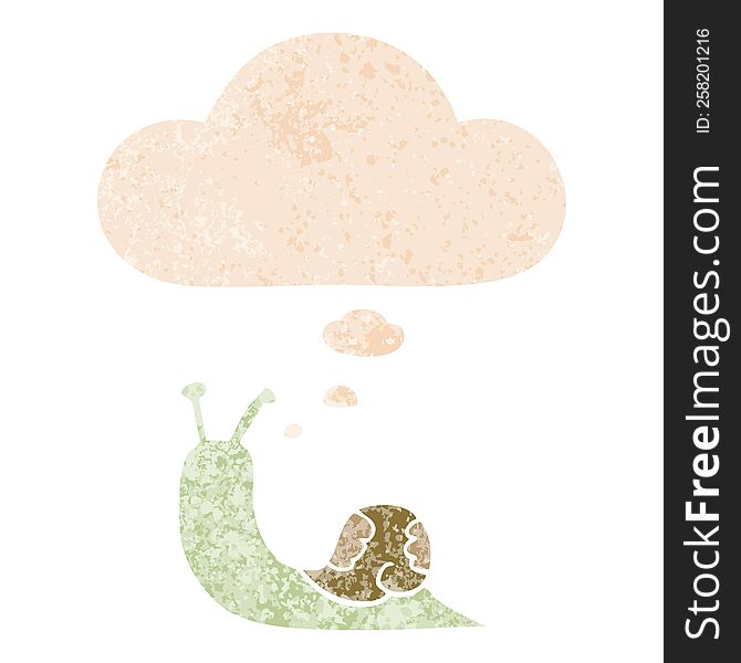 cartoon snail with thought bubble in grunge distressed retro textured style. cartoon snail with thought bubble in grunge distressed retro textured style
