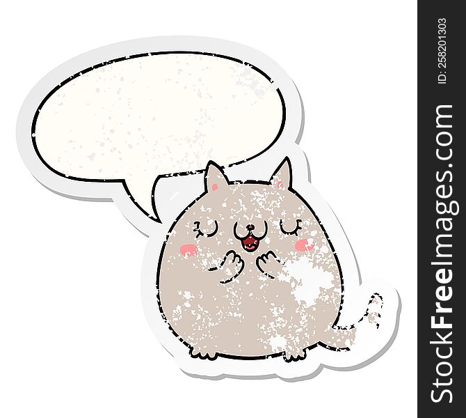 Cartoon Cute Cat And Speech Bubble Distressed Sticker