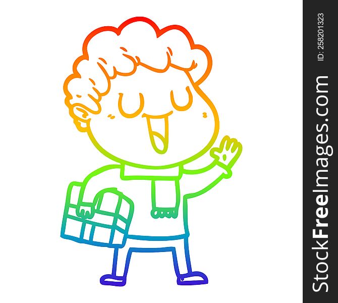 rainbow gradient line drawing of a laughing cartoon man with present