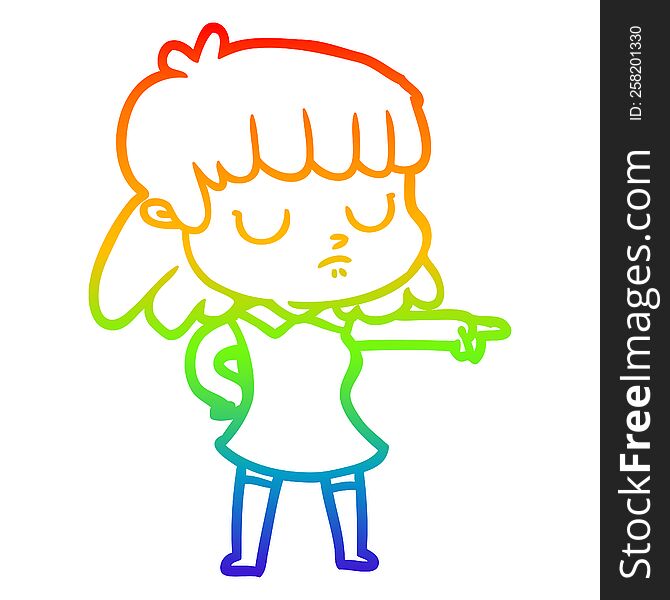Rainbow Gradient Line Drawing Cartoon Indifferent Woman Pointing
