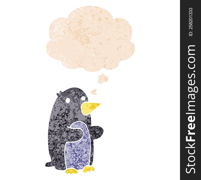 Cartoon Penguin And Thought Bubble In Retro Textured Style