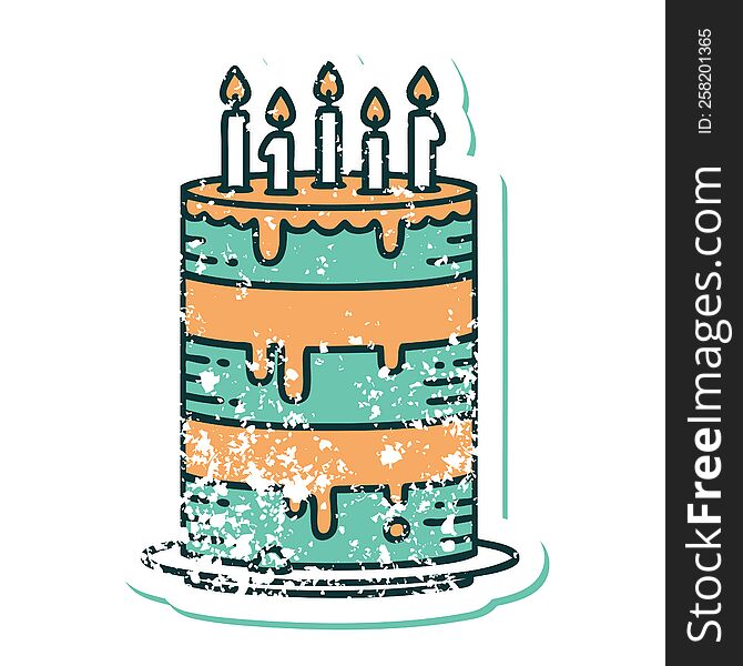 iconic distressed sticker tattoo style image of a birthday cake. iconic distressed sticker tattoo style image of a birthday cake