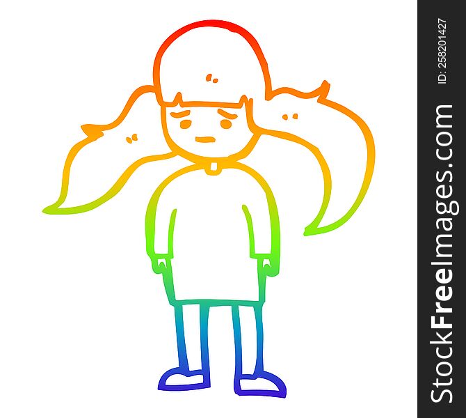 rainbow gradient line drawing of a cartoon girl with long hair