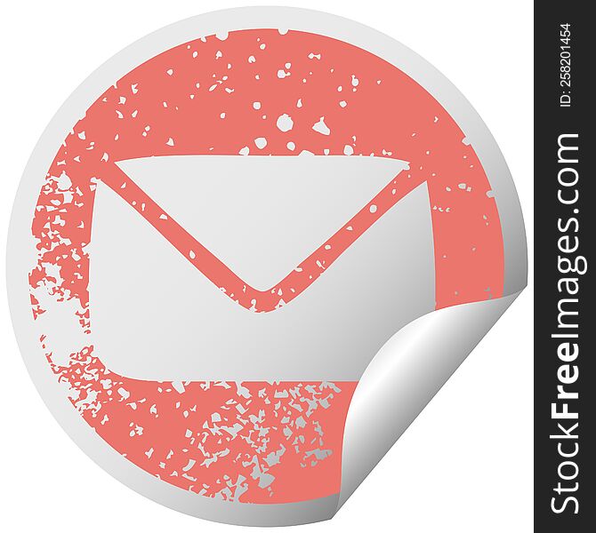 distressed circular peeling sticker symbol of a paper envelope