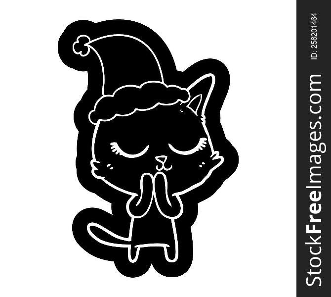 Calm Cartoon Icon Of A Cat Wearing Santa Hat