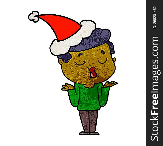 hand drawn textured cartoon of a man talking and shrugging shoulders wearing santa hat
