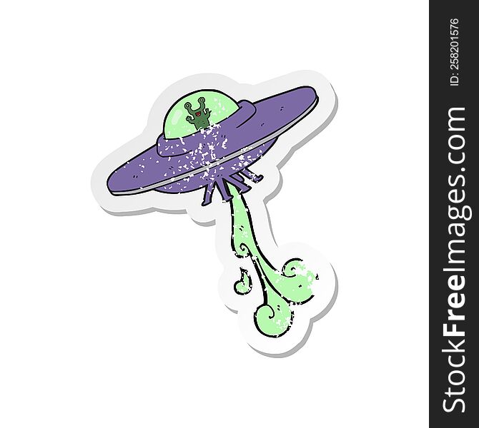 Retro Distressed Sticker Of A Cartoon Alien Spaceship