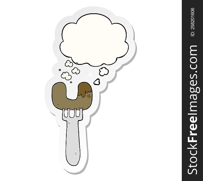 cartoon sausage on fork with thought bubble as a printed sticker