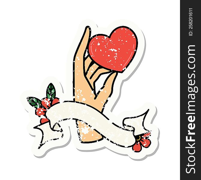 grunge sticker with banner of a hand holding a heart