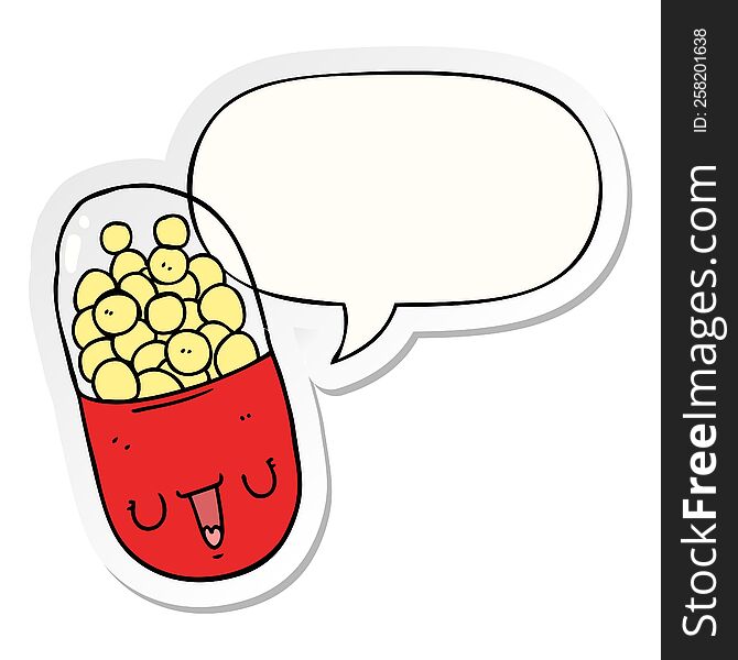 cartoon medical pill with speech bubble sticker