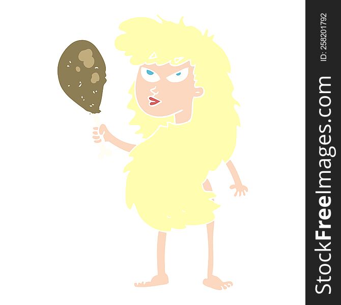 Flat Color Illustration Of A Cartoon Cavewoman With Meat