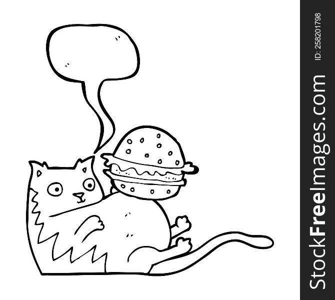 freehand drawn speech bubble cartoon fat cat with burger