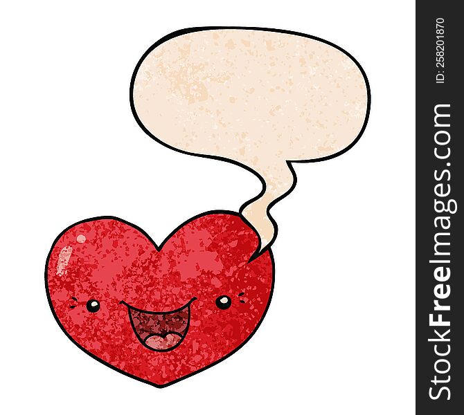 cartoon love heart character and speech bubble in retro texture style