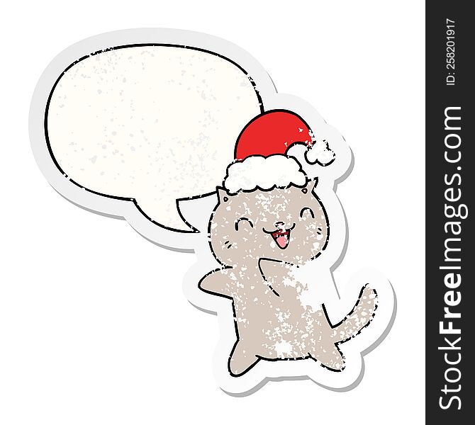 cute cartoon christmas cat with speech bubble distressed distressed old sticker. cute cartoon christmas cat with speech bubble distressed distressed old sticker