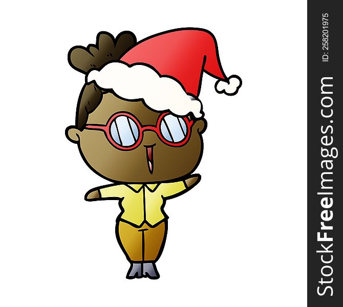 gradient cartoon of a woman wearing spectacles wearing santa hat