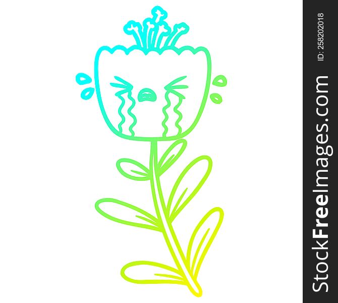 cold gradient line drawing of a cartoon crying flower