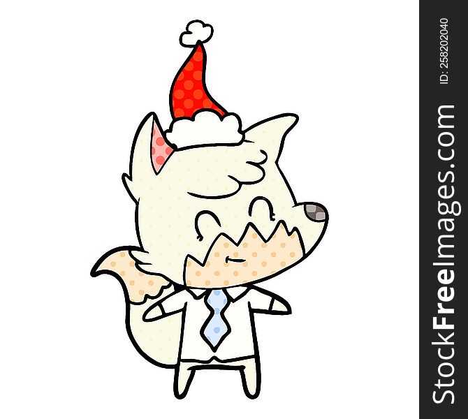 Comic Book Style Illustration Of A Friendly Fox Wearing Santa Hat