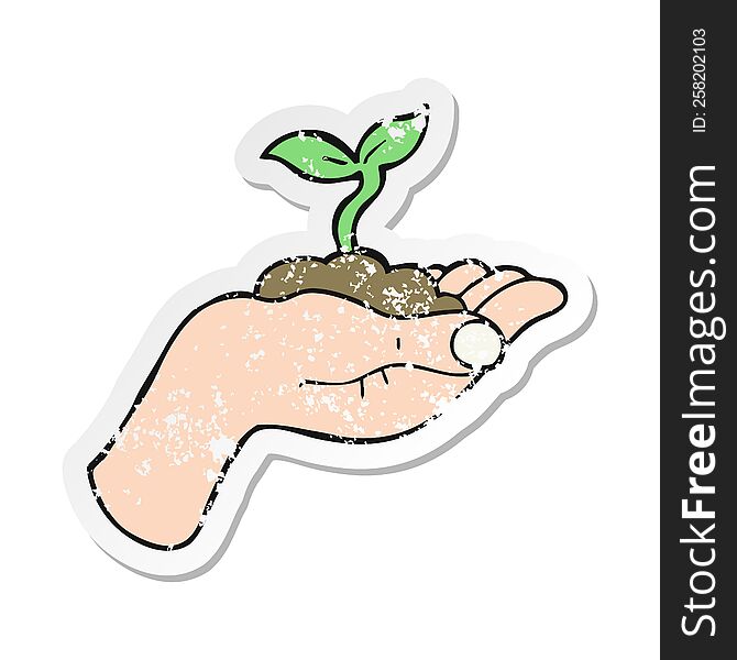 retro distressed sticker of a cartoon seedling growing held in hand