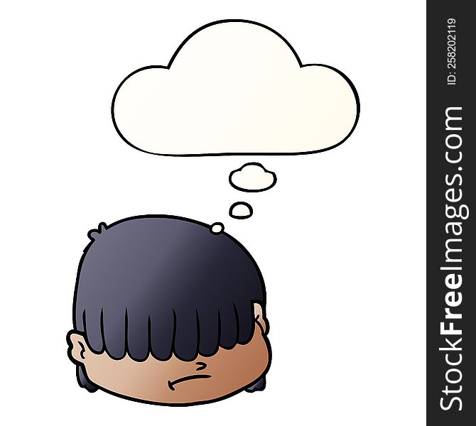 cartoon face with hair over eyes with thought bubble in smooth gradient style