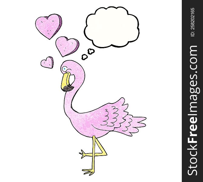 freehand drawn thought bubble textured cartoon flamingo in love