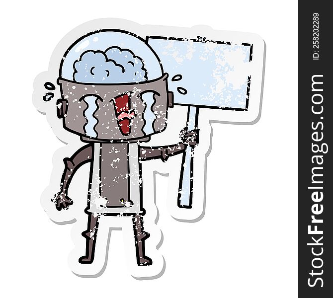 Distressed Sticker Of A Cartoon Crying Robot Waving Sign