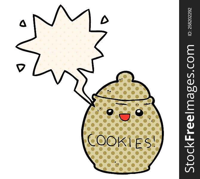 cute cartoon cookie jar with speech bubble in comic book style