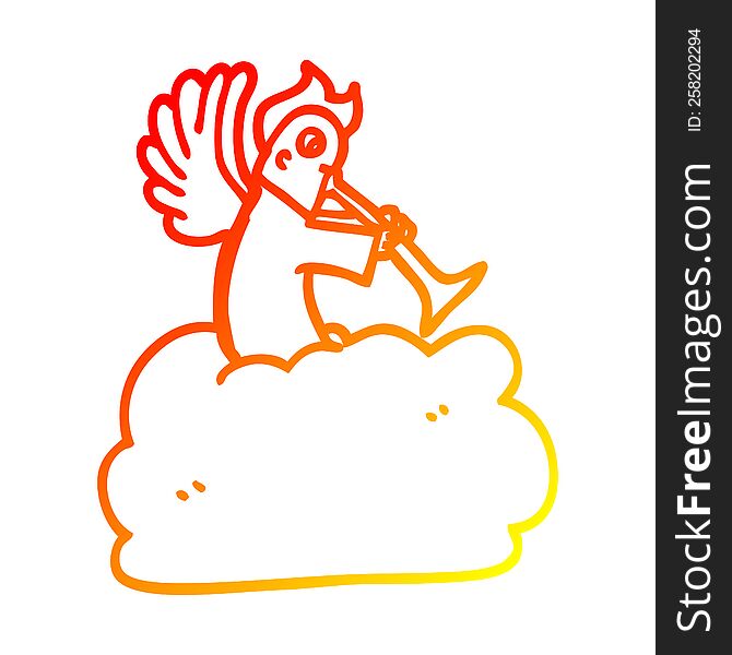 warm gradient line drawing of a cartoon angel on cloud with trumpet