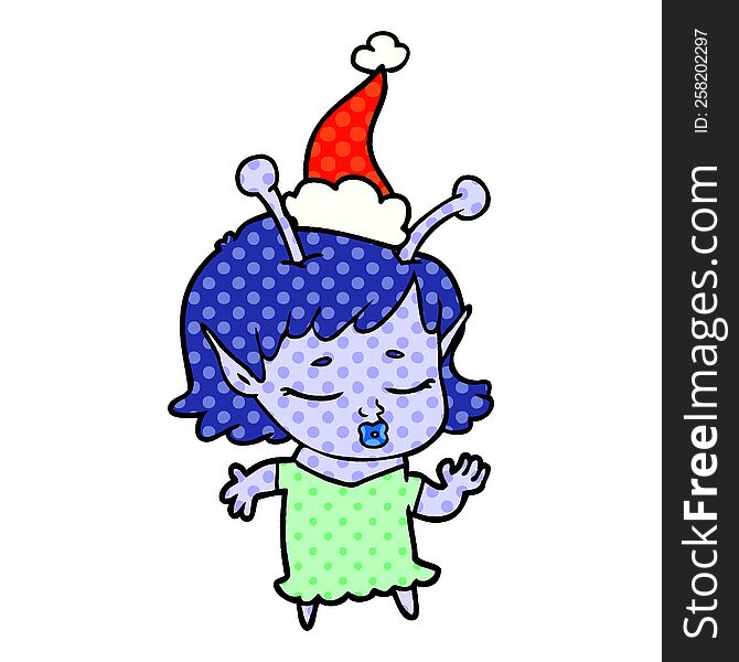 cute alien girl hand drawn comic book style illustration of a wearing santa hat