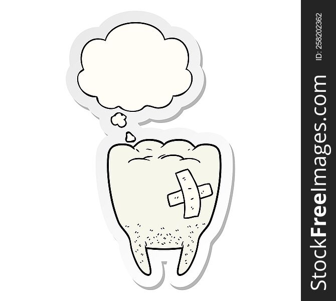 cartoon bad tooth with thought bubble as a printed sticker