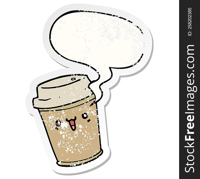 Cartoon Take Out Coffee And Speech Bubble Distressed Sticker