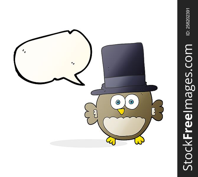freehand drawn speech bubble cartoon owl in top hat