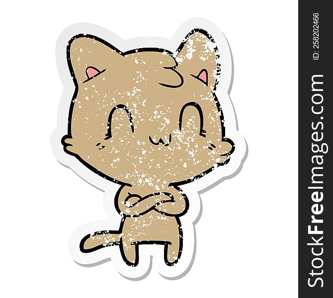 distressed sticker of a cartoon happy cat