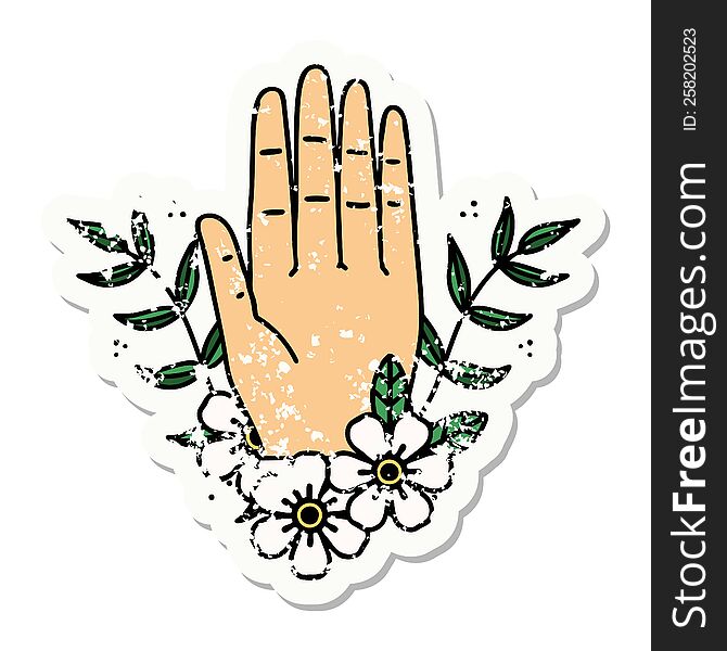 Traditional Distressed Sticker Tattoo Of A Hand And Flower