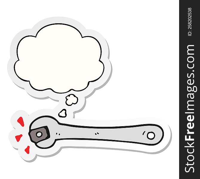 cartoon spanner turning nut and thought bubble as a printed sticker