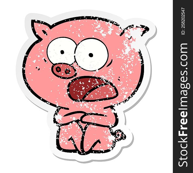 Distressed Sticker Of A Shocked Cartoon Pig Sitting Down