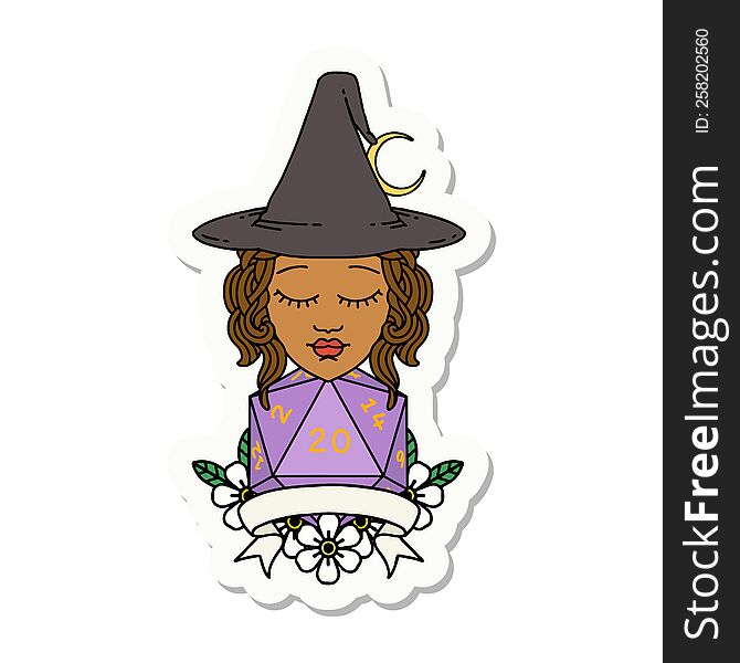 sticker of a human witch with natural twenty dice roll. sticker of a human witch with natural twenty dice roll