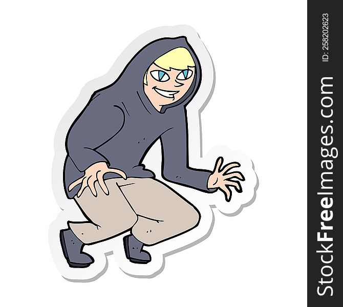 sticker of a cartoon mischievous boy in hooded top