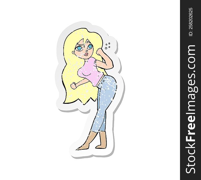 retro distressed sticker of a cartoon woman raising fist