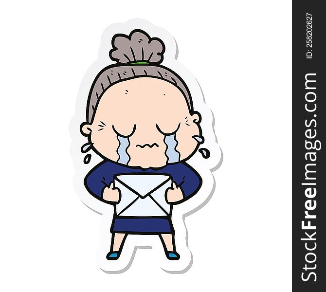 sticker of a cartoon old woman crying with letter