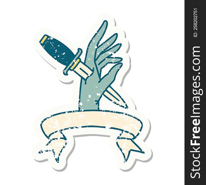 Grunge Sticker With Banner Of A Dagger In The Hand